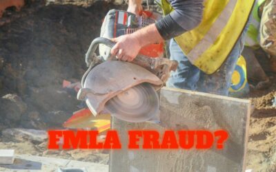 Worker lifting heavy concrete saw with red “FMLA Fraud?” overlay.