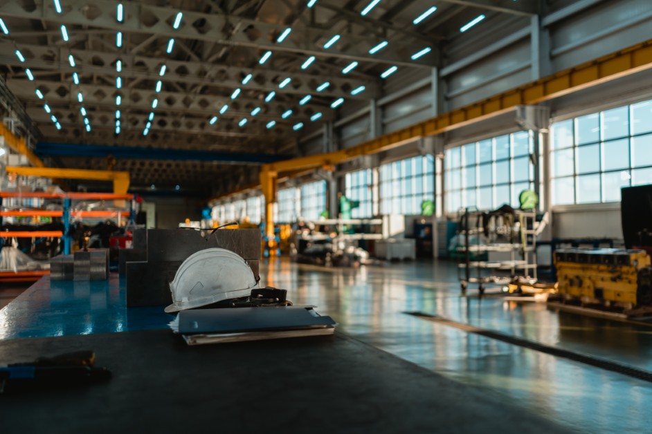 Factory floor with empty workstations and overhead lights casting shadows.