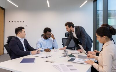 Employee in a tense meeting with supervisors, symbolizing whistleblower pressure and retaliation.