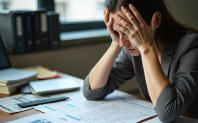 Employee nervously counting cash at work after repeated accounting mistakes.