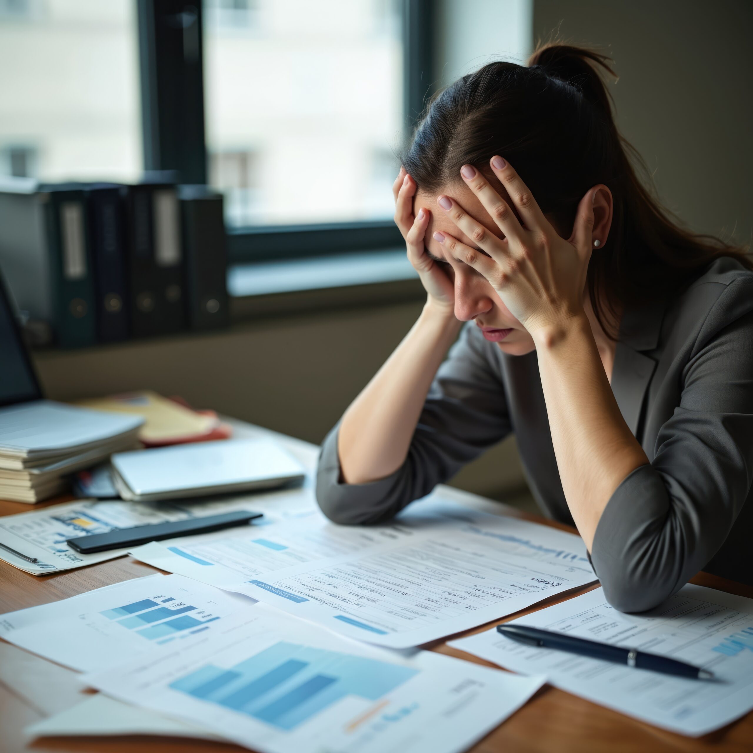 Employee nervously counting cash at work after repeated accounting mistakes.