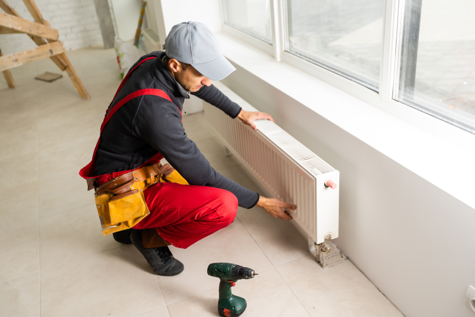 Plumber repairing pipes inside a commercial building.