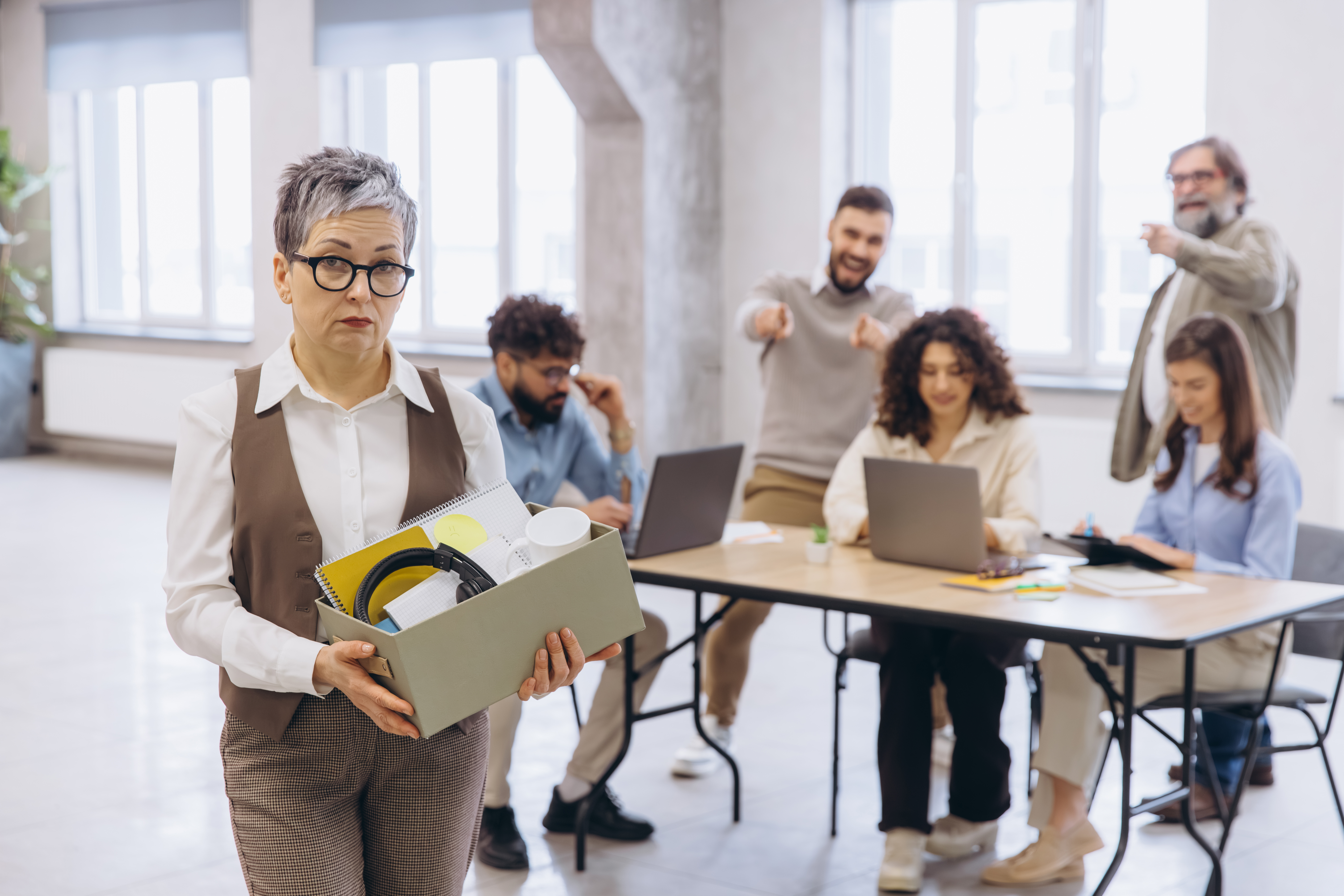 Employee standing alone at work while coworkers laugh and make racist comments nearby.